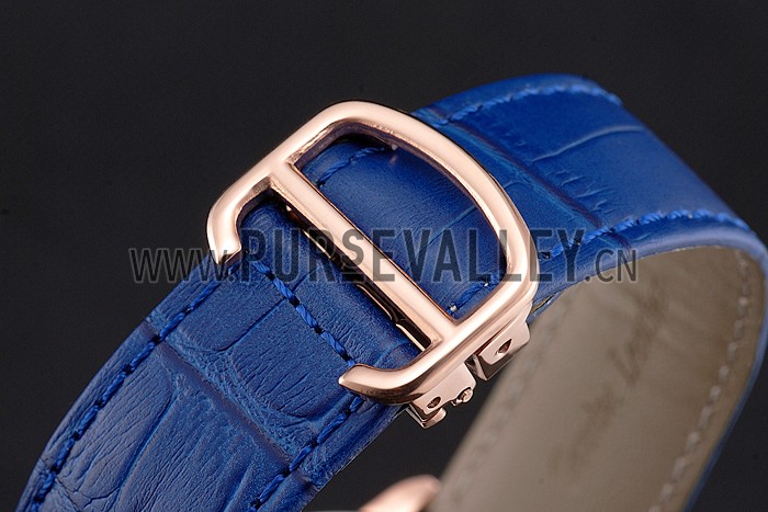Cartier Ronde Louis Cartier Blue Dial Gold Case Diamond Bezel Blue Leather Strap