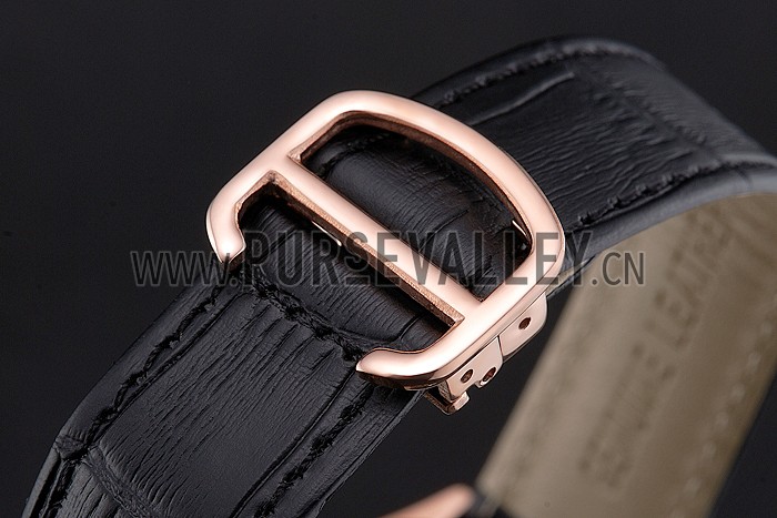 Cartier Tortue Large Date Black Dial Gold Case Black Leather Strap