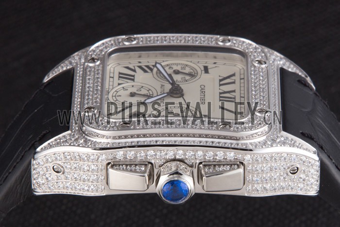 Swiss Cartier Santos Silver Bezel with Diamonds and Black Leather Strap sct44 621528