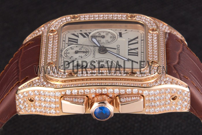 Swiss Cartier Santos Rose Gold Bezel with Diamonds and Brown Leather Strap sct43 621527