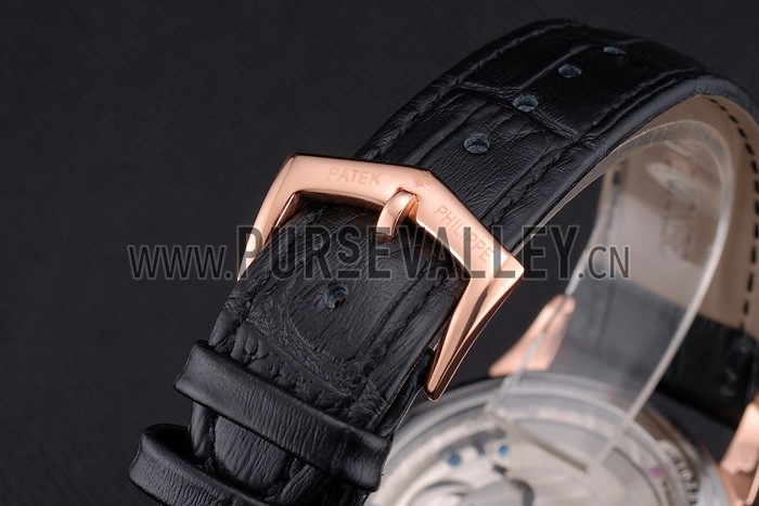Patek Philippe Dual Time Moonphase Tourbillon Black Skeletonised Rose Gold Case Black Leather Strap