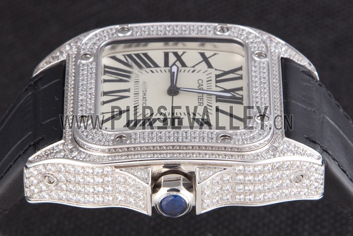 Swiss Cartier Santos Silver Bezel with Diamonds and Black Leather Strap sct47 621531