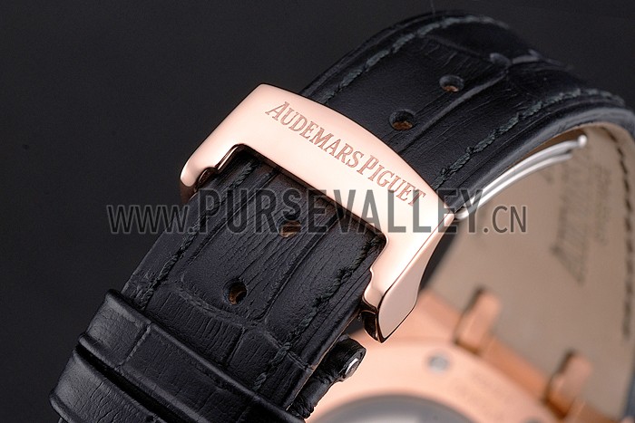 Swiss Audemars Piguet Royal Oak Black Dial Gold Case Black Leather Strap