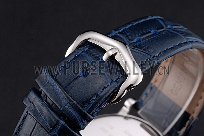 Cartier Rotonde Chronograph Black Dial Stainless Steel Case Blue Leather Strap