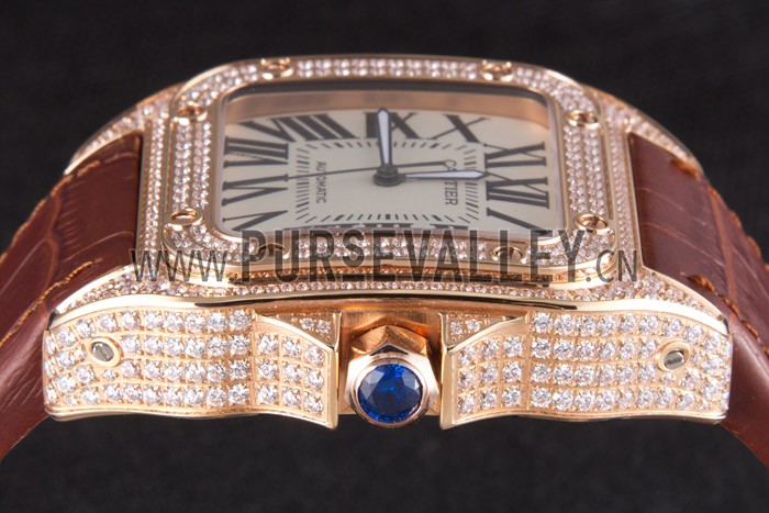 Swiss Cartier Santos Rose Gold Bezel with Diamonds and Brown Leather Strap sct46 621530