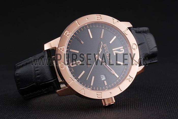 Bvlgari Novelties Black Dial Gold Case Black Leather Strap