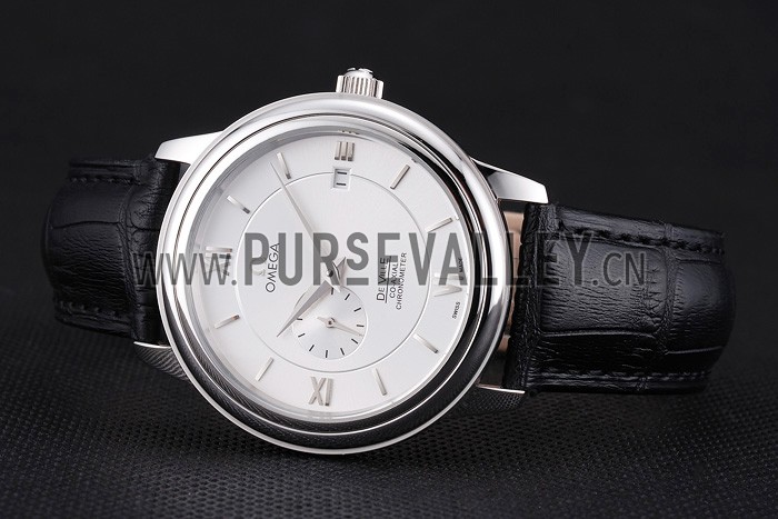 Omega De Ville Prstige Co-Axial White Dial Silver Case Black Leather Strap Roman Numeral
