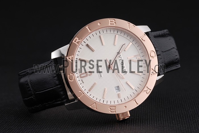 Bvlgari Novelties White Dial Gold Case Black Leather Strap