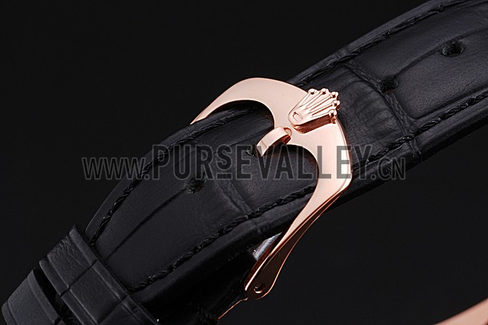 Rolex Cellini Black Dial Pink Gold Case Black Leather Strap 622842