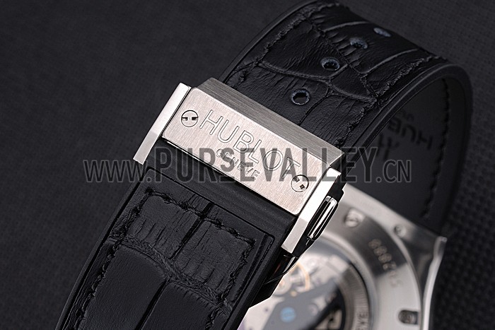 Hublot Classic Fusion Diamond Skull Dial Stainless Steel Case Black Leather Strap 622814