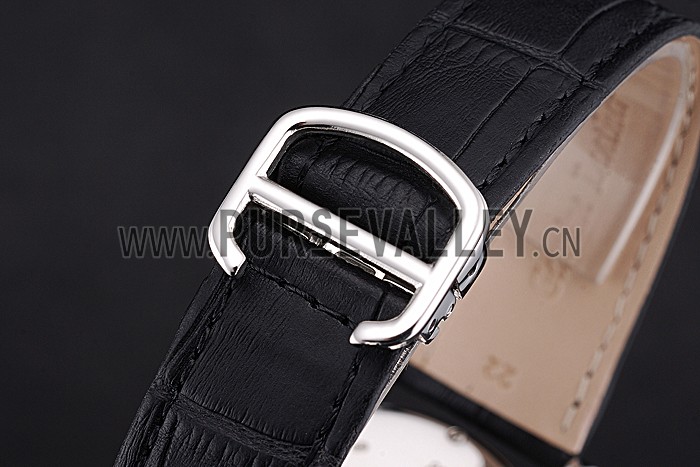Cartier Rotonde White Dial Stainless Steel Case Black Leather Strap 622757