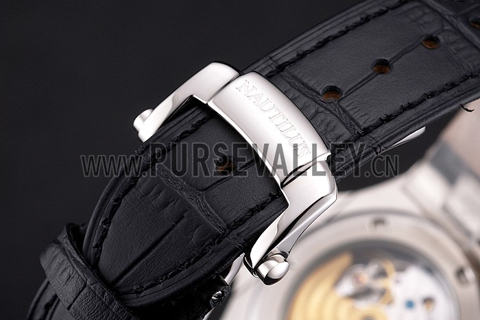 Patek Philippe Nautilus Black Dial Stainless Steel Case Black Leather Strap