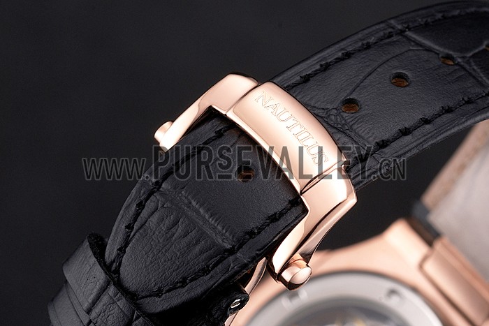 Patek Philippe Nautilus Black Dial Rose Gold Case Black Leather Strap