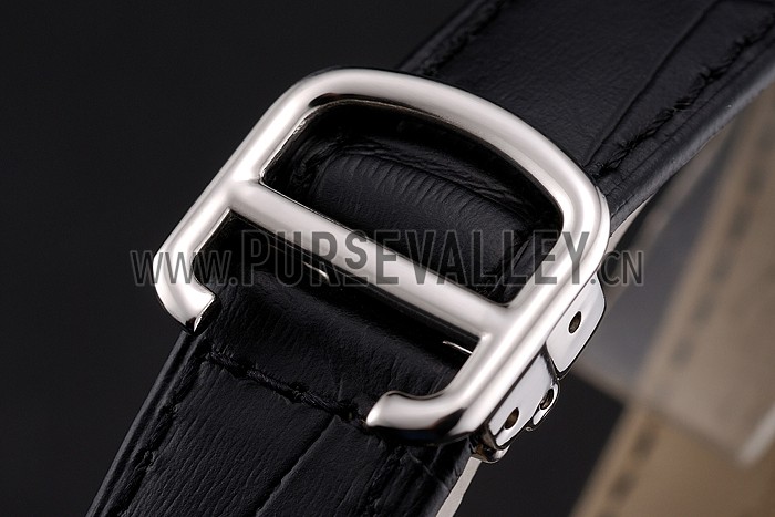 Cartier Ronde Black Dial Diamond Bezel Stainless Steel Case Black Leather Strap