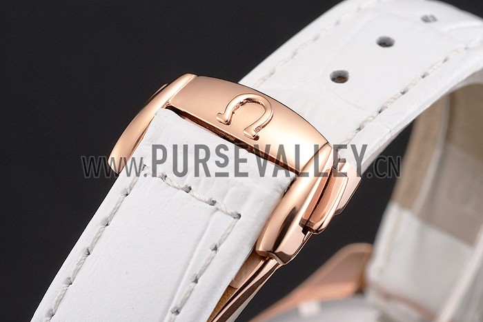 Omega Speedmaster White Dial Rose Gold Case Diamond Bezel White Leather Strap