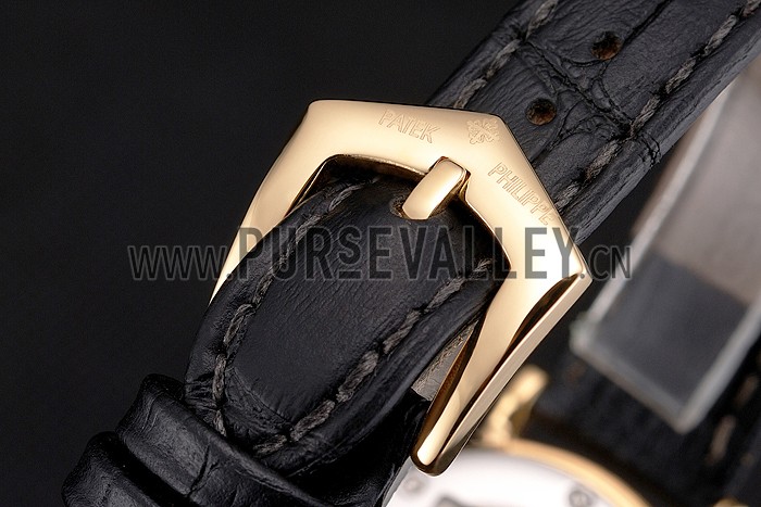 Patek Philippe Calatrava Gold Dial Roman Numerals Double Ribbed Bezel Gold Case Black Leather Strap