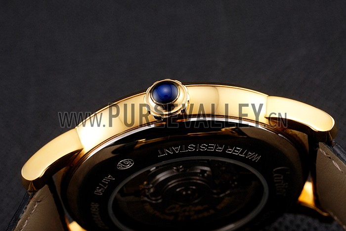 Swiss Cartier Rotonde Annual Calendar Black Dial Gold Case Black Leather Strap