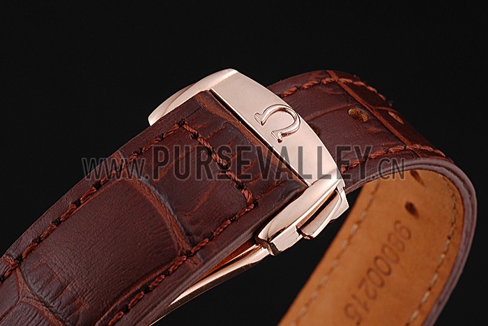 Swiss Omega DeVille Tresor White Dial Gold Case Brown Leather Strap 622846