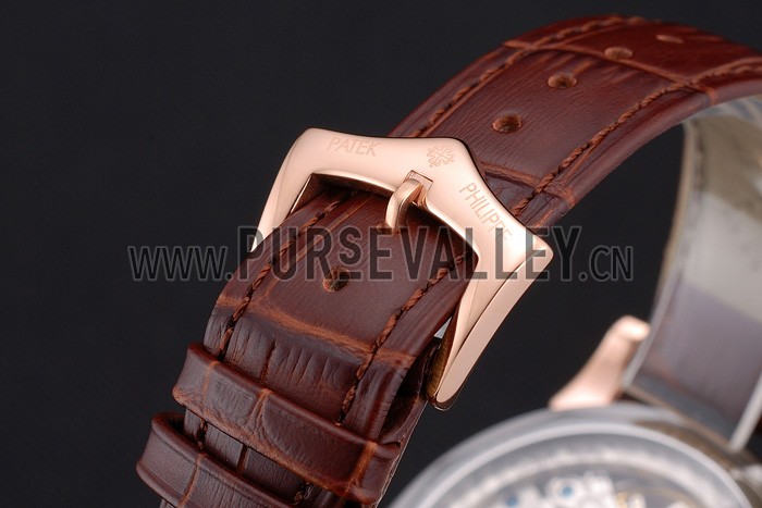 Patek Philippe Dual Time Moonphase Tourbillon Gold Skeletonised Dial Rose Gold Case Brown Leather Strap