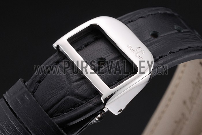 Swiss Jaeger LeCoultre Master Ultra Thin Reserve De Marche Black Dial Stainless Steel Case Black Leather Strap