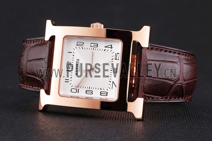 Hermes Heure H White Dial Gold Case Brown Leather Strap