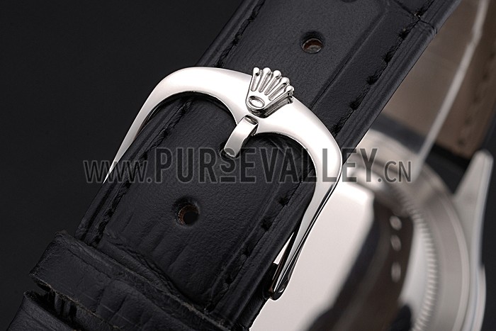 Swiss Rolex Cellini Time Silver Case Black Dial Black Leather Bracelet 622654