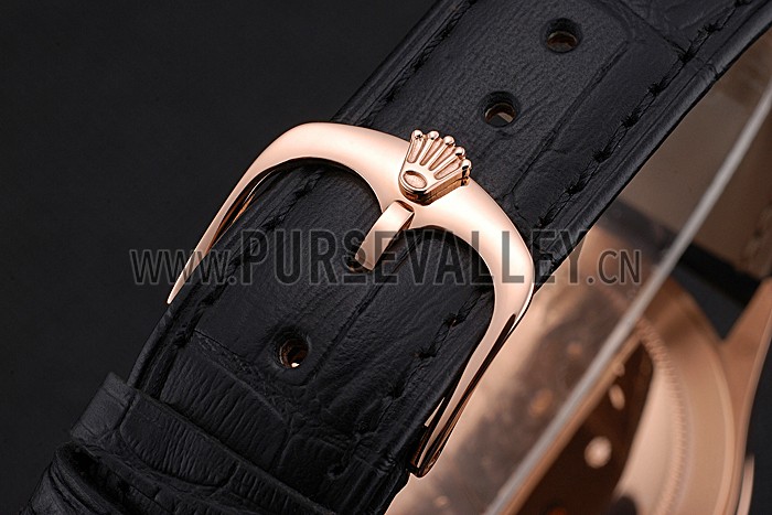 Swiss Rolex Cellini Time Rose Gold Case Black Dial Black Leather Bracelet 622656