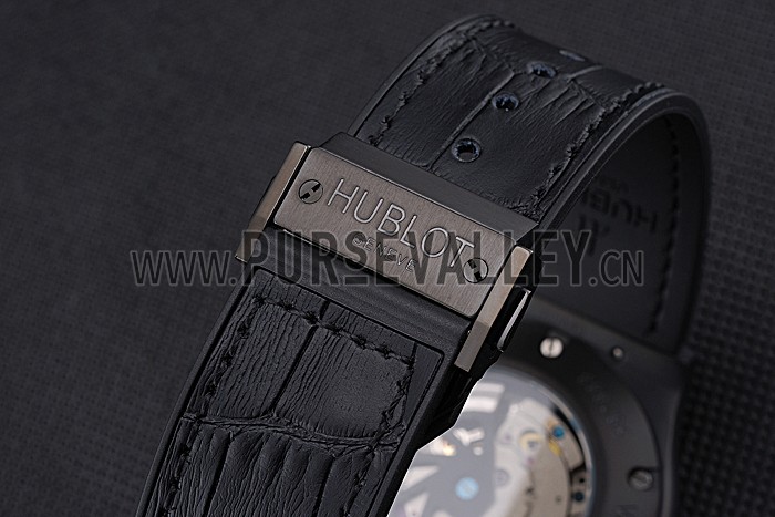 Hublot Classic Fusion Diamond Skull Dial Black Steel Case Black Leather Strap 622815