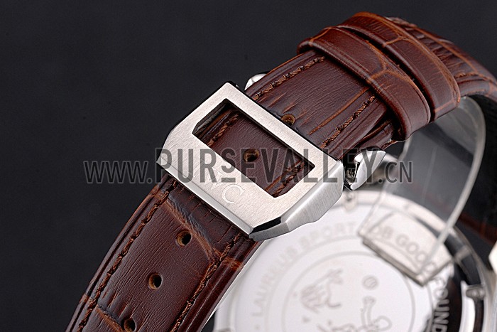 IWC Portugieser Chronograph White Dial Rose Gold Hands And Numerals Steel Case With Diamonds Brown Leather Strap