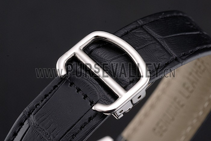 Cartier Tortue Large Date Black Dial Stainless Steel Case Black Leather Strap