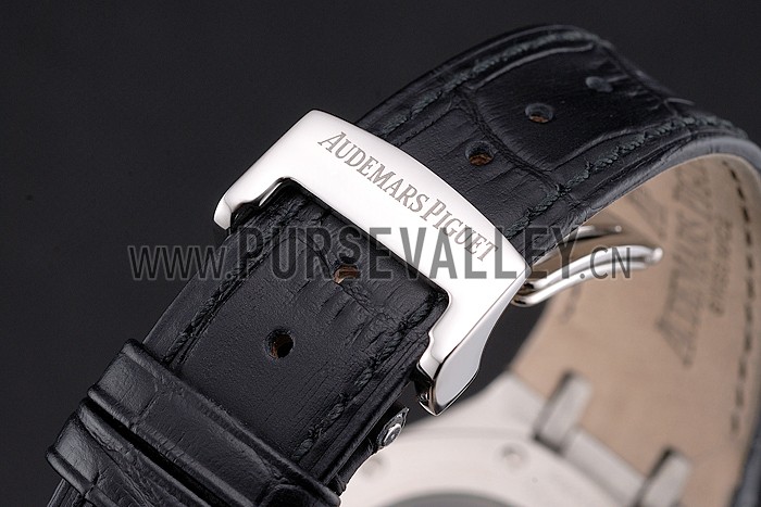 Swiss Audemars Piguet Royal Oak Black Dial Steel Case With Diamonds Black Leather Strap