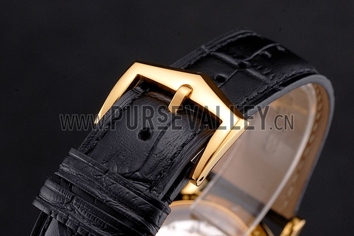 Swiss Patek Philippe Calatrava White Dial Gold Case Fluted Bezel Black Leather Strap