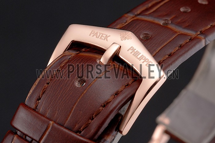 Patek Philippe Calatrava Rose Gold Dial Roman Numerals Ribbed Bezel Rose Gold Case Brown Leather Strap