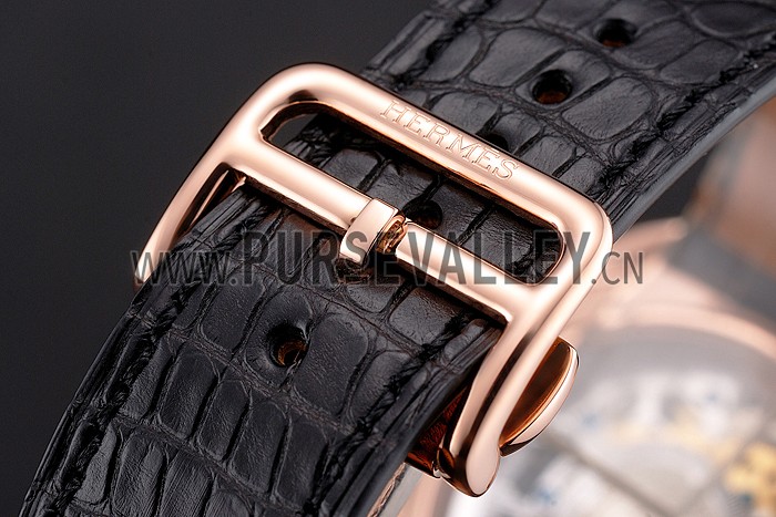 Swiss Hermes Arceau Skeleton Black Dial Brown Hands Rose Gold Case Black Leather Strap