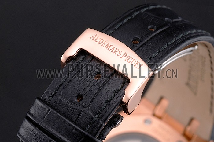 Swiss Audemars Piguet Royal Oak Black Dial Gold Case With Diamonds Black Leather Strap
