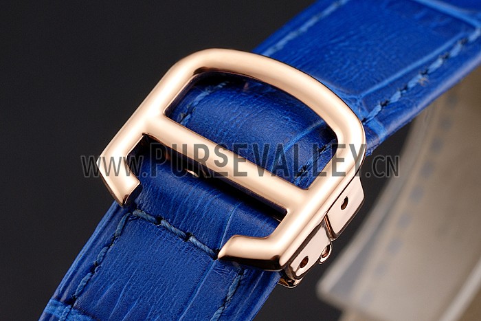 Cartier Ronde White Dial Diamond Bezel Rose Gold Case Blue Leather Strap