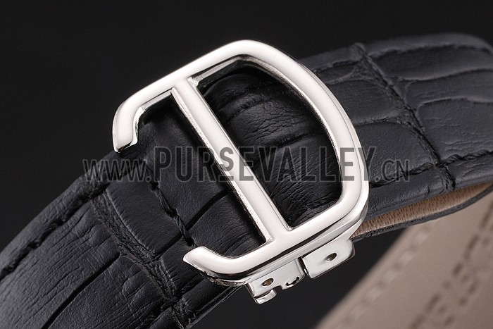 Cartier Calibre De Cartier Small Seconds Black And White Dial Stainless Steel Case Black Leather Strap