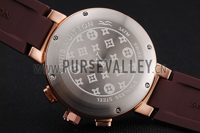 Louis Vuitton Tambour LV277 Chronograph White Dial Rose Gold Case Brown Rubber Strap