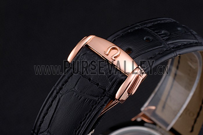 Omega DeVille Rose Gold Bezel with Black Dial and Black Leather Strap 621569