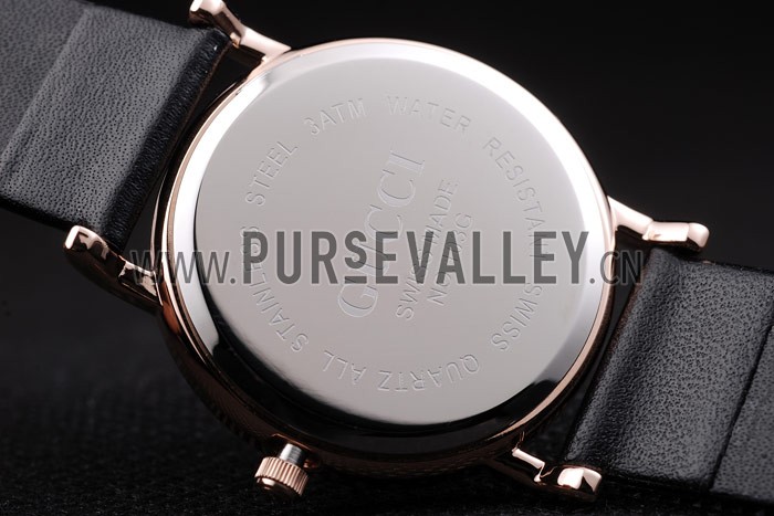 Gucci Polished Rose Gold Bezel Dark Green Dial Black Leather Strap