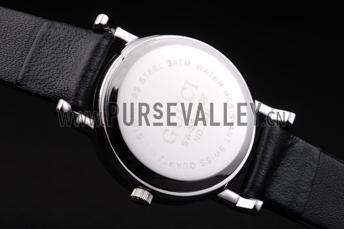 Gucci Small Polished Stainless Steel Bezel White Dial Black Leather Strap