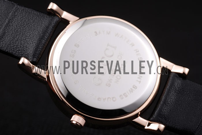 Gucci Polished Rose Gold Bezel Black Dial Black Leather Strap