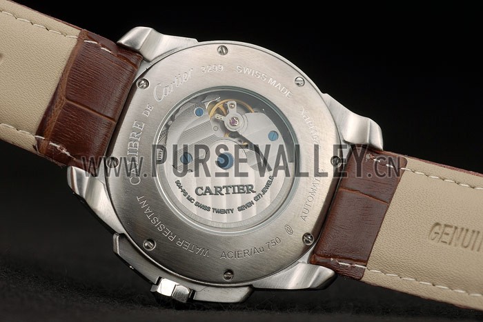 Cartier Calibre White Dial Diamonds Two Tone Case Brown Leather Bracelet