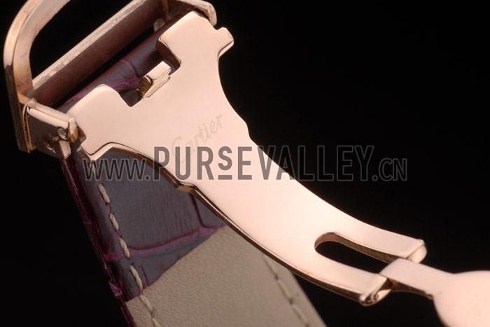 Cartier Tank Anglaise White Dragon Dial Diamonds Gold Case Purple Leather Bracelet