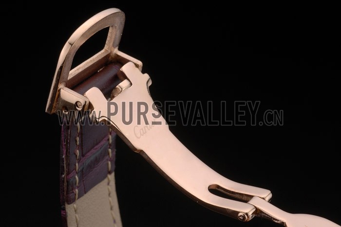 Cartier Tank Anglaise White Tiger Dial Gold Case Purple Leather Bracelet