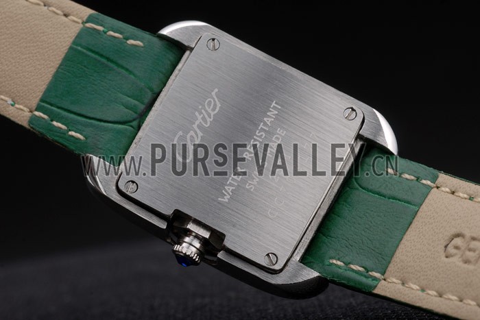Cartier Tank Anglaise White Tiger Dial Diamonds Steel Case Green Leather Bracelet