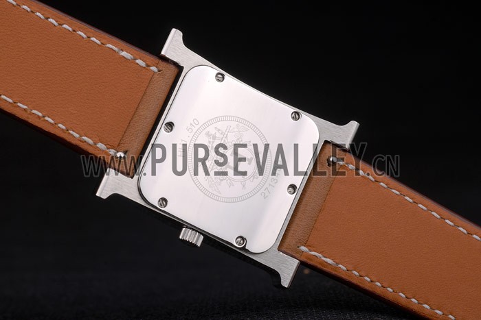 Hermes Heure H Stainless Steel Diamond Encrusted Bezel Tan Leather Strap White Dial 80232