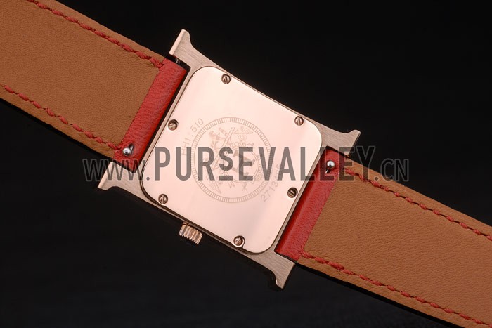 Hermes Heure H Rose Gold Bezel Red Leather Strap White Dial 80233