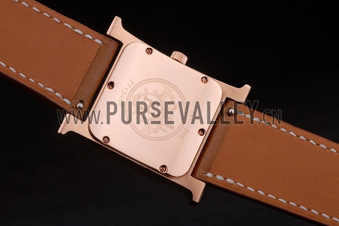 Hermes Heure H Rose Gold Diamond Encrusted Bezel Tan Leather Strap White Dial 80236