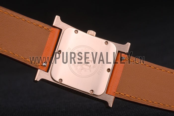 Hermes Heure H Rose Gold Diamond Encrusted Bezel Orange Leather Strap White Dial 80237